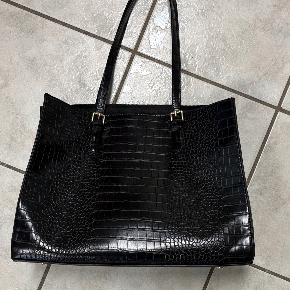 Elegant Black fauxCrocodile-Embossed Tote Bag